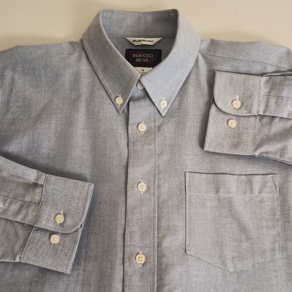 Rugged Bear Boys Blue White Button Down Shirt Size 14 Front Pocket EUC - Picture 2 of 14
